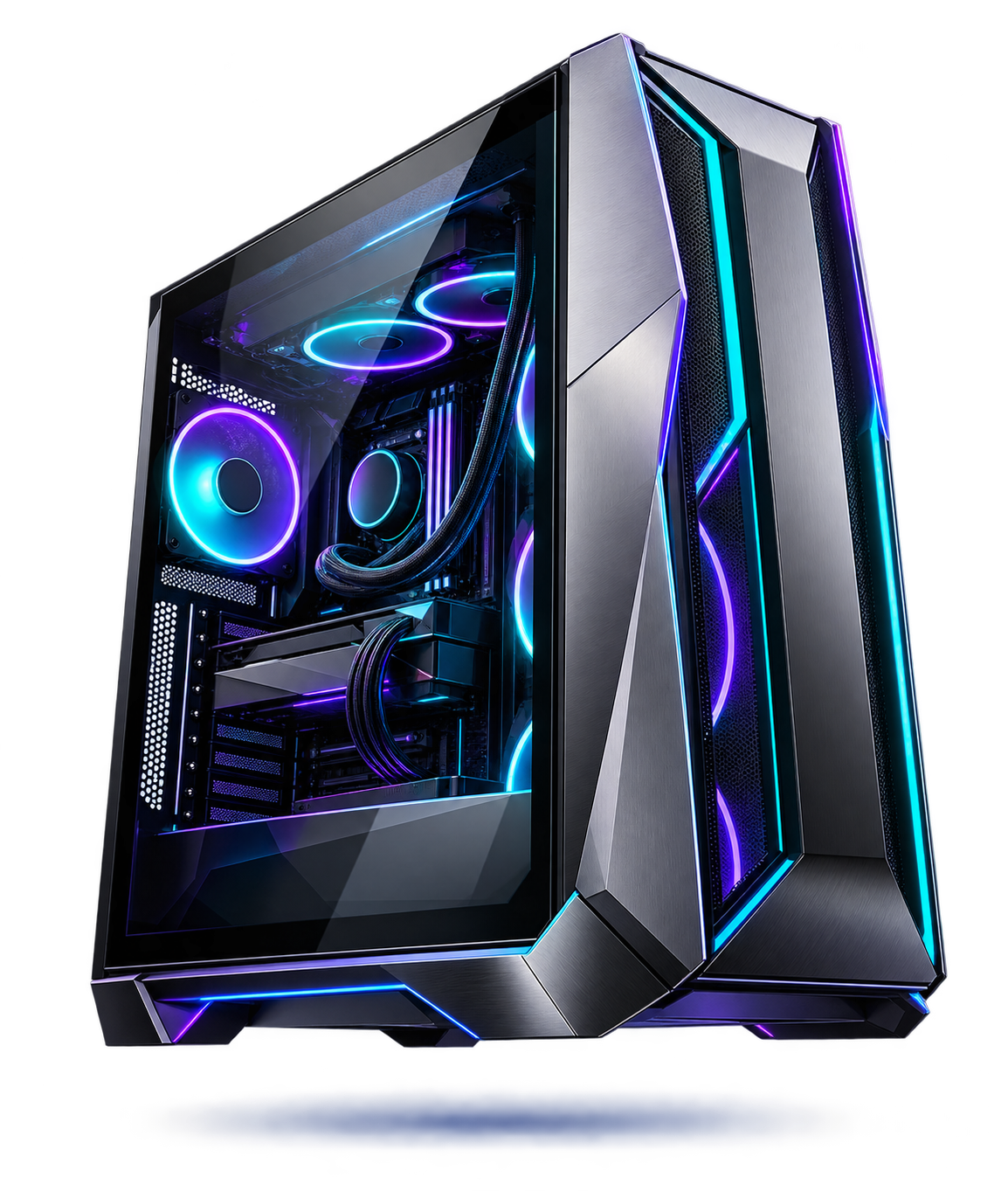 Illustrative PC concept with teal and violet lighting; final hardware may differ.